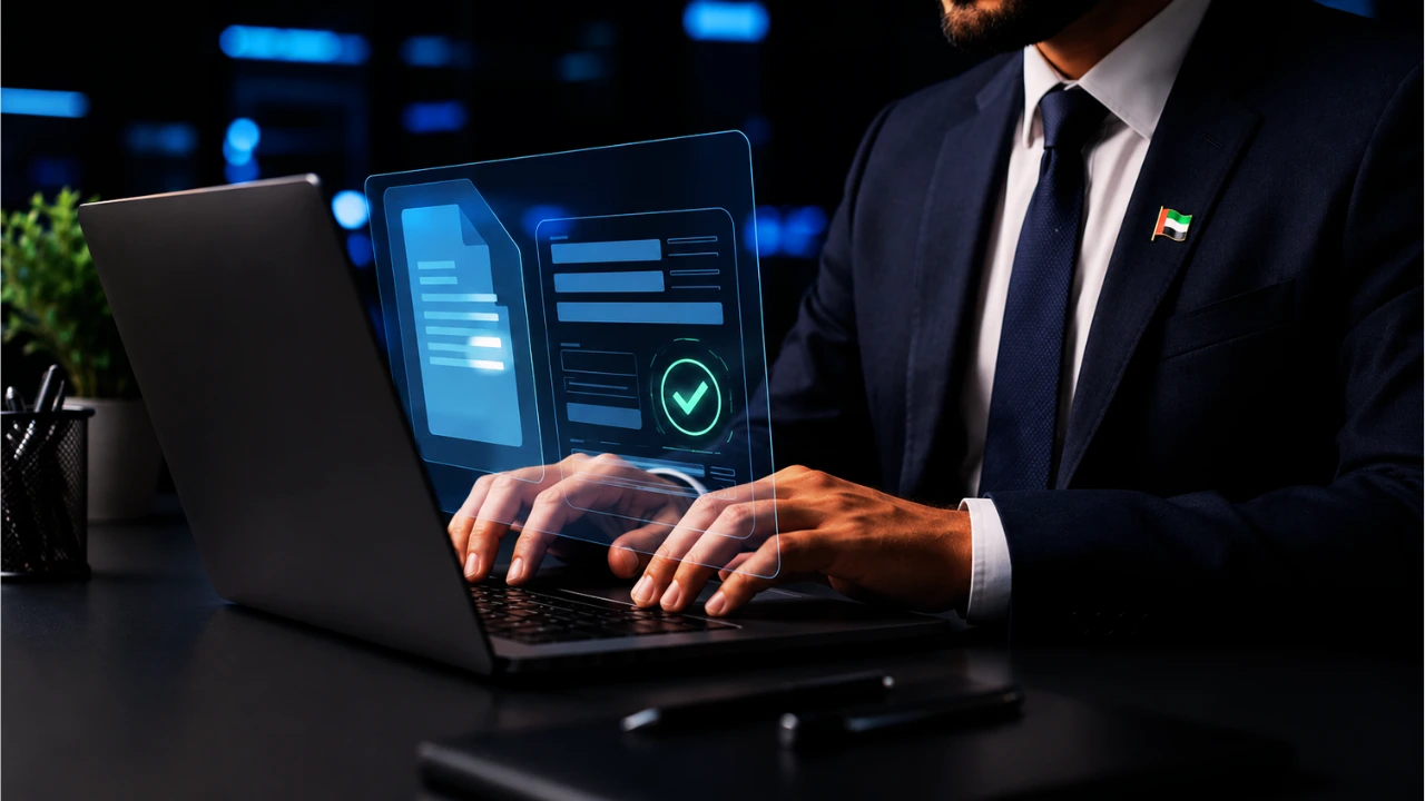 UAE business professional preparing a structured e-invoice on a laptop for VAT compliance